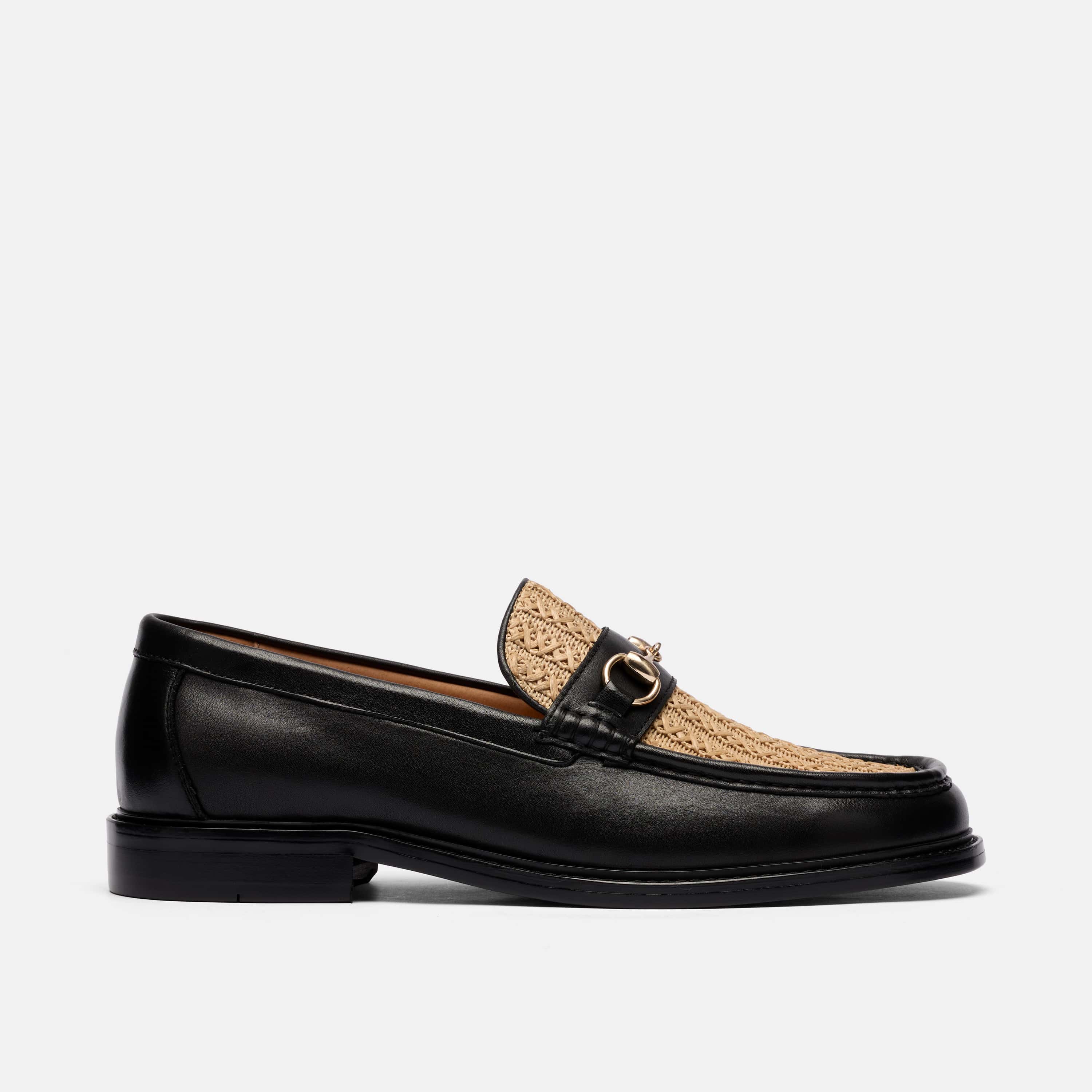 Boardwalk Black/Raffia Leather Horse-Bit Loafers