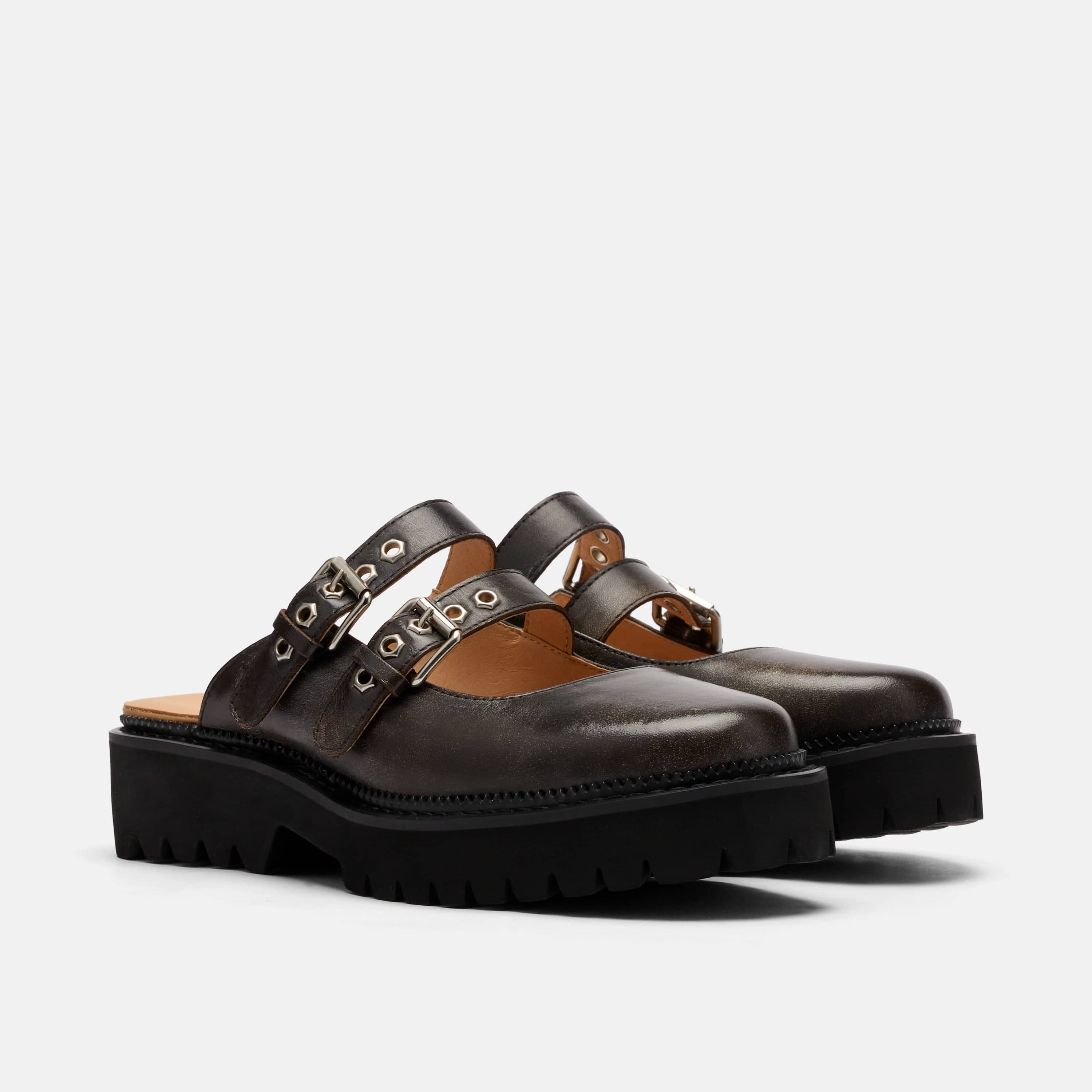 Lexi Brown Distressed Leather Double Buckle Mules - Image 2