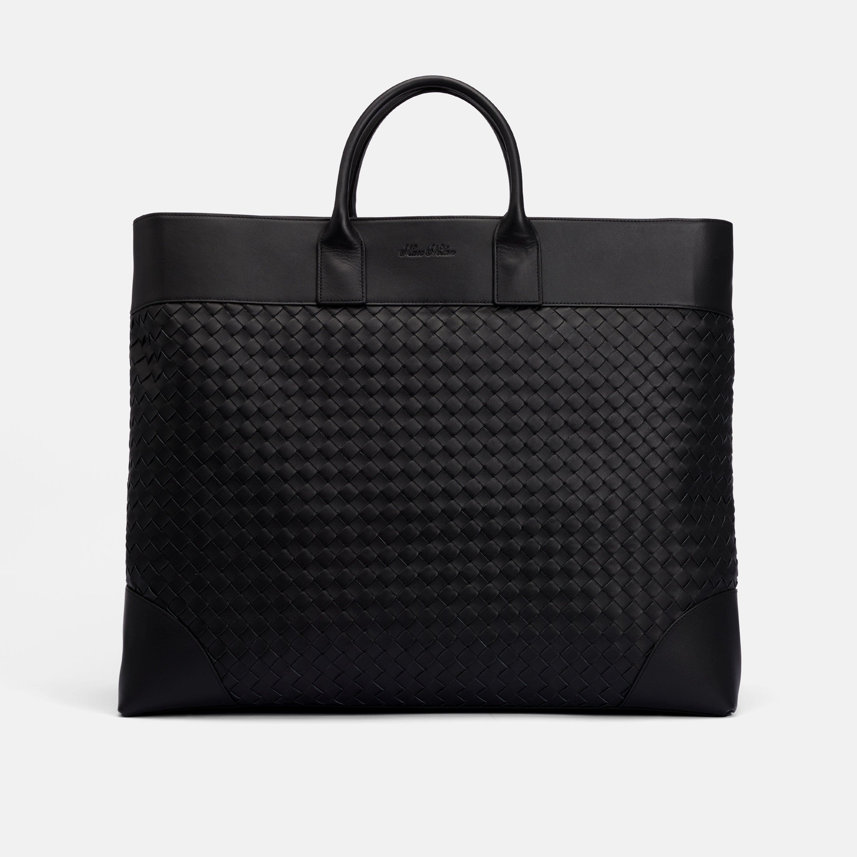 Marc Nolan Large Woven Leather Weekender - Black