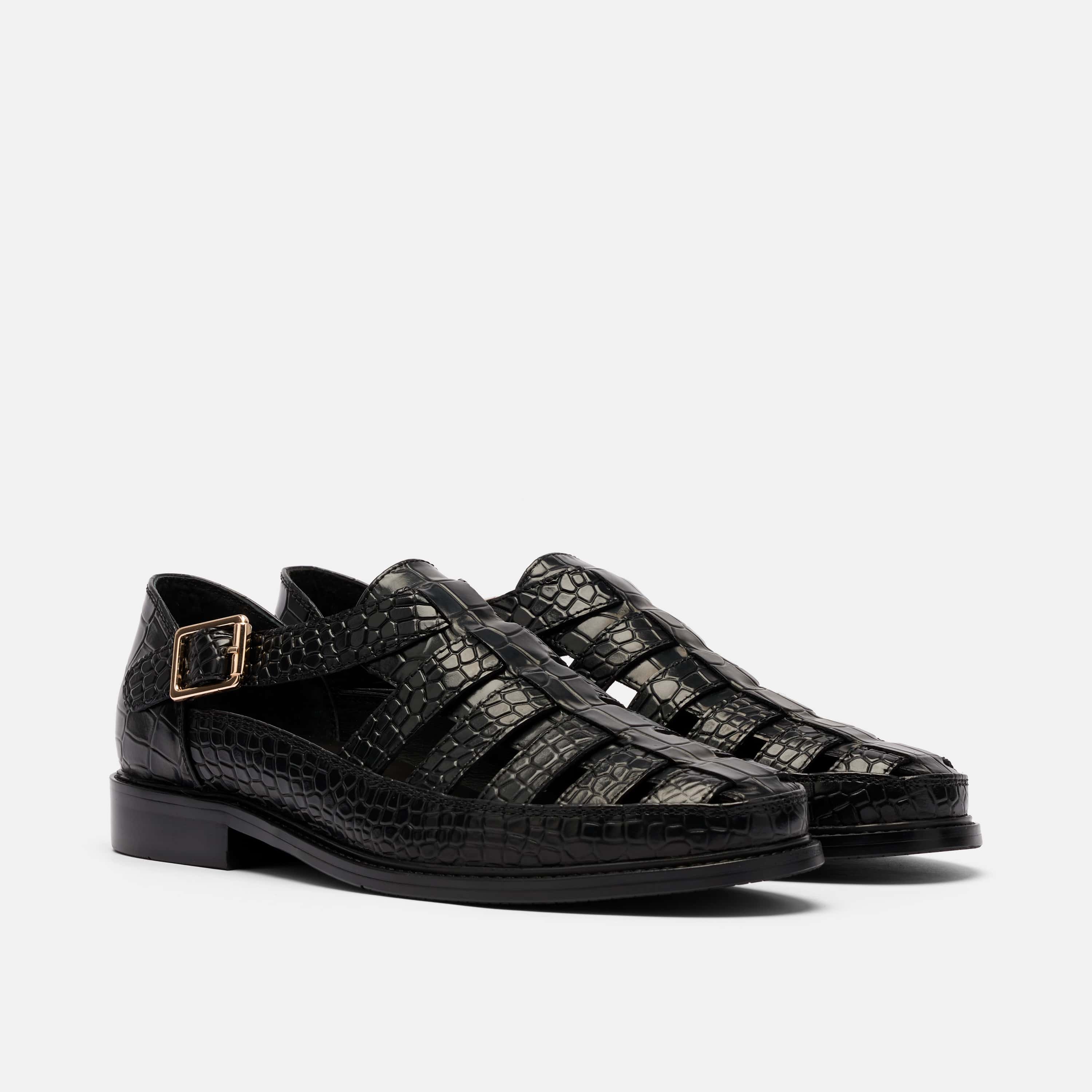 Mariner Black Crocskin Leather Fisherman Sandals - Image 2