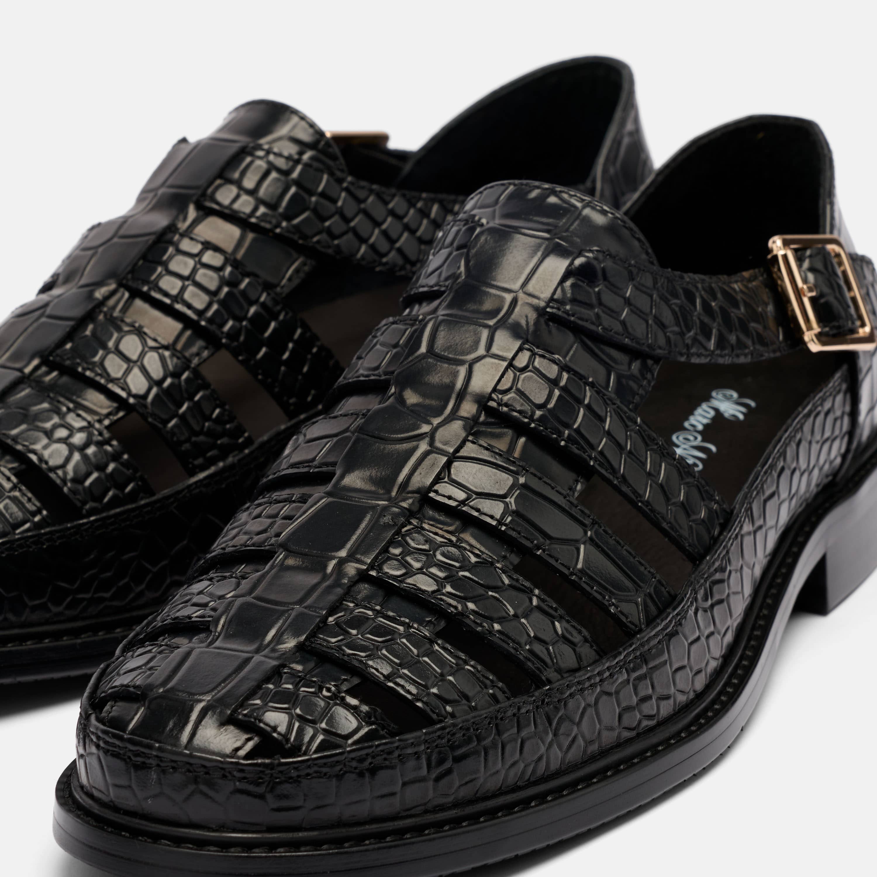 Mariner Black Crocskin Leather Fisherman Sandals - Image 3