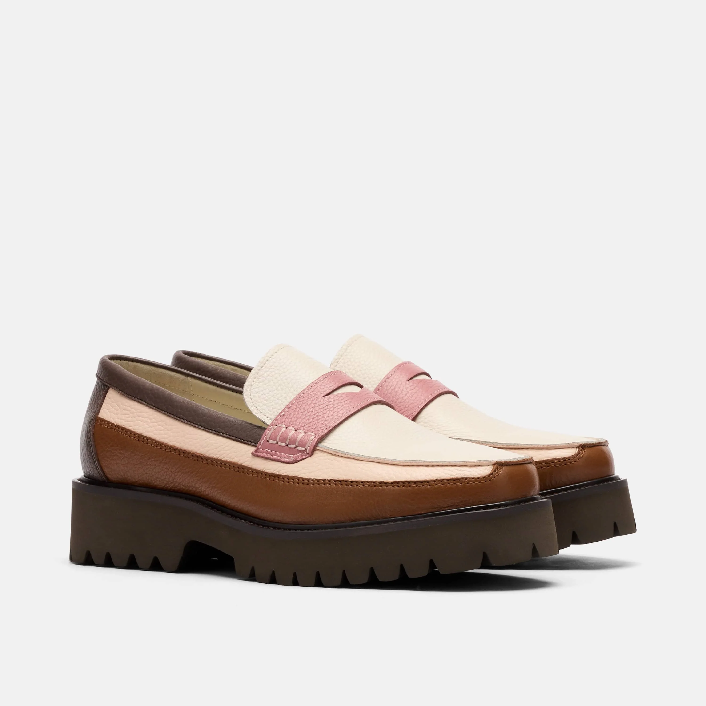 Ms. Adler Brown/Cream/Pink Colorblock Leather Lug Penny Loafers - Image 2