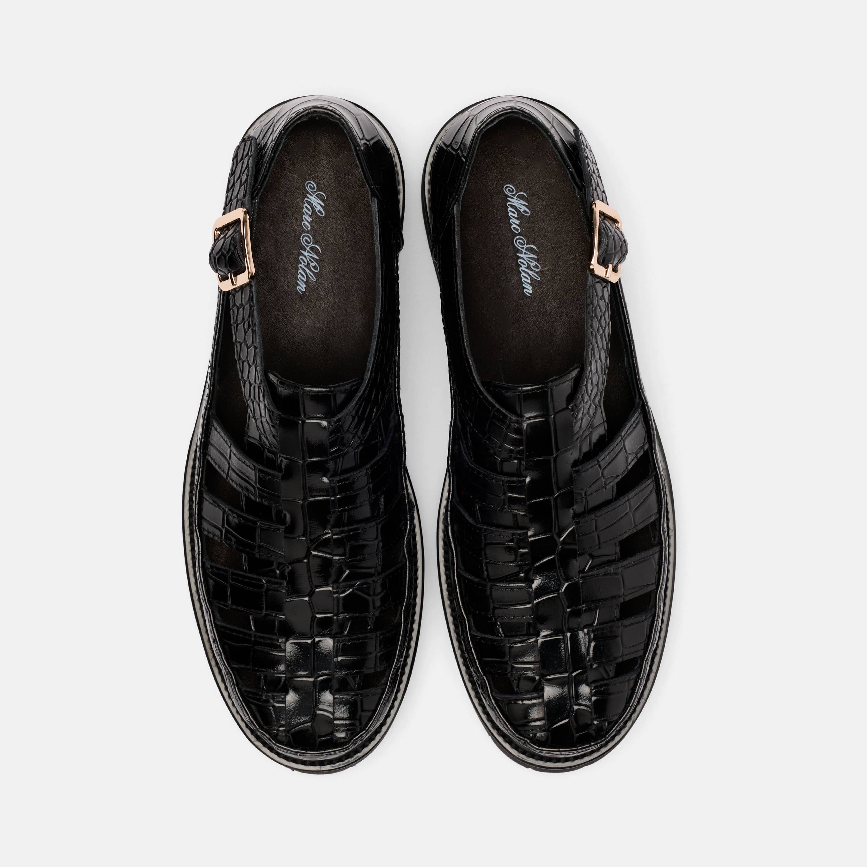 Ms. Magellan Black Crocskin Leather Lug Fisherman Sandals - Image 5