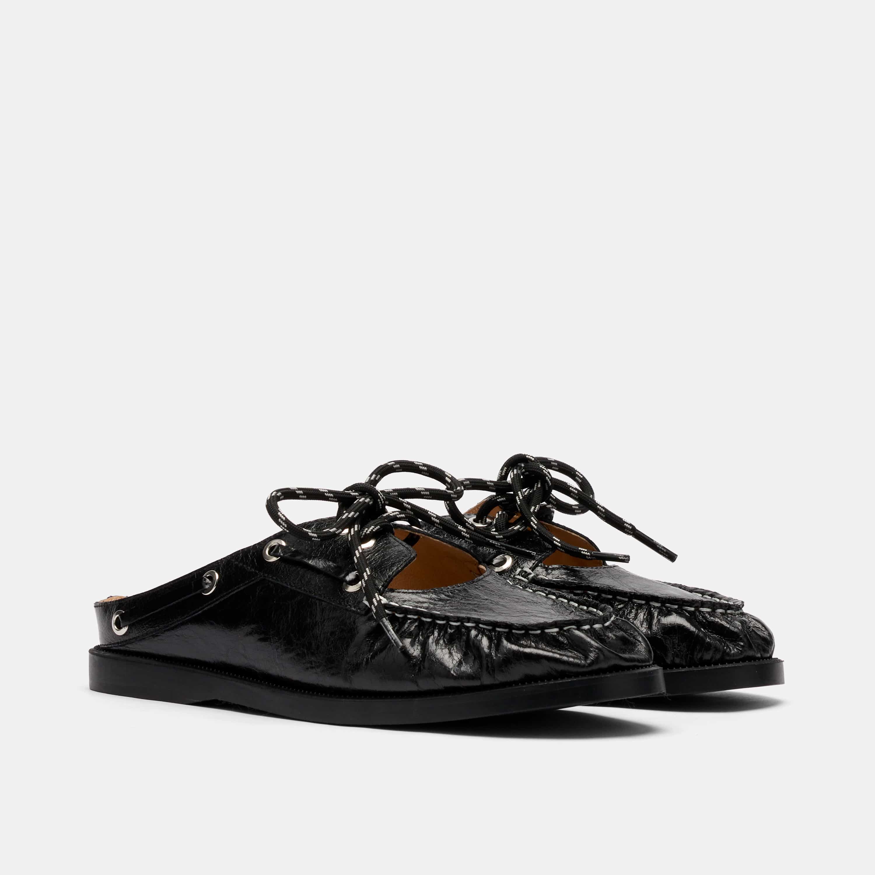 Selene Black Pleated Leather Boat Shoe Mules - Image 2