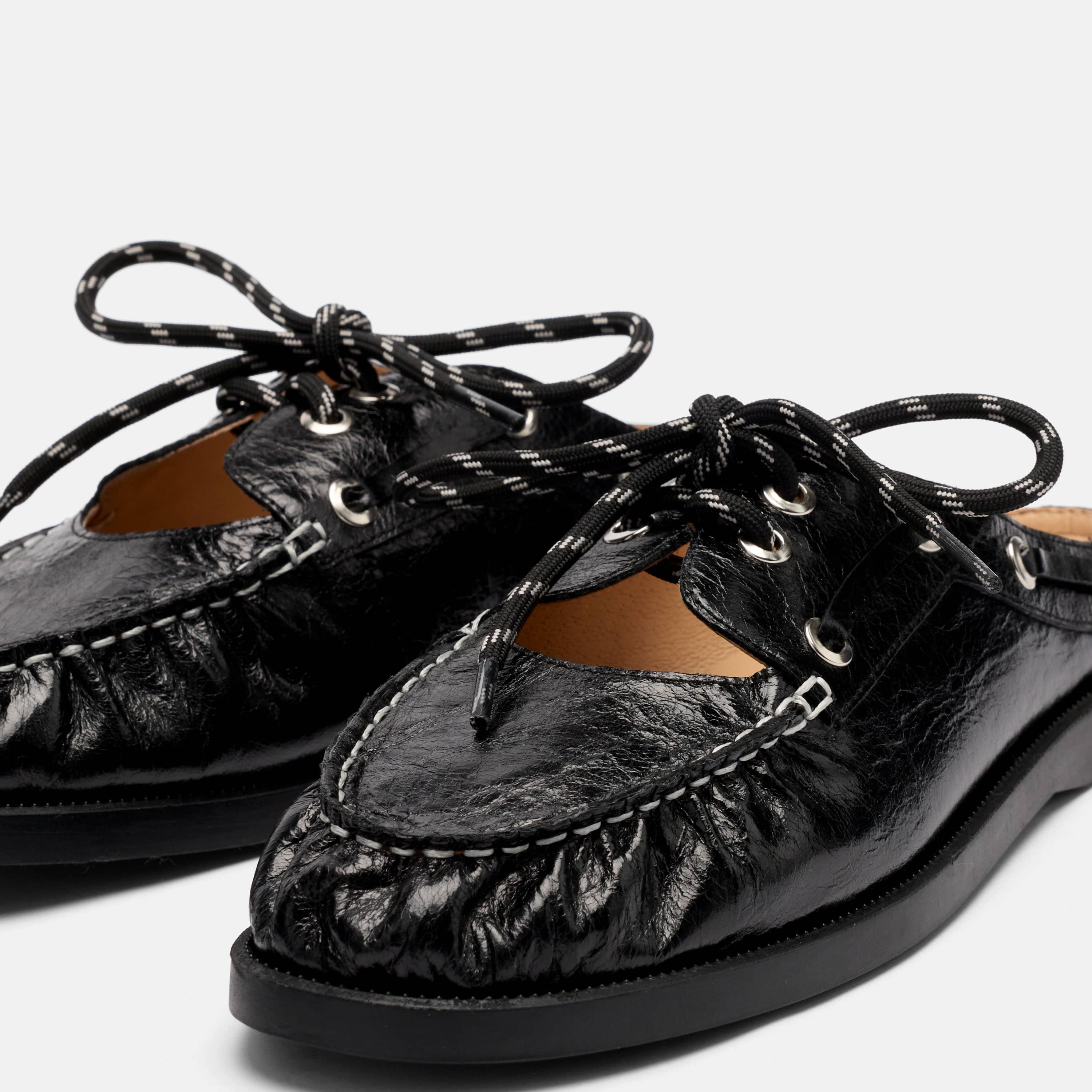 Selene Black Pleated Leather Boat Shoe Mules - Image 3