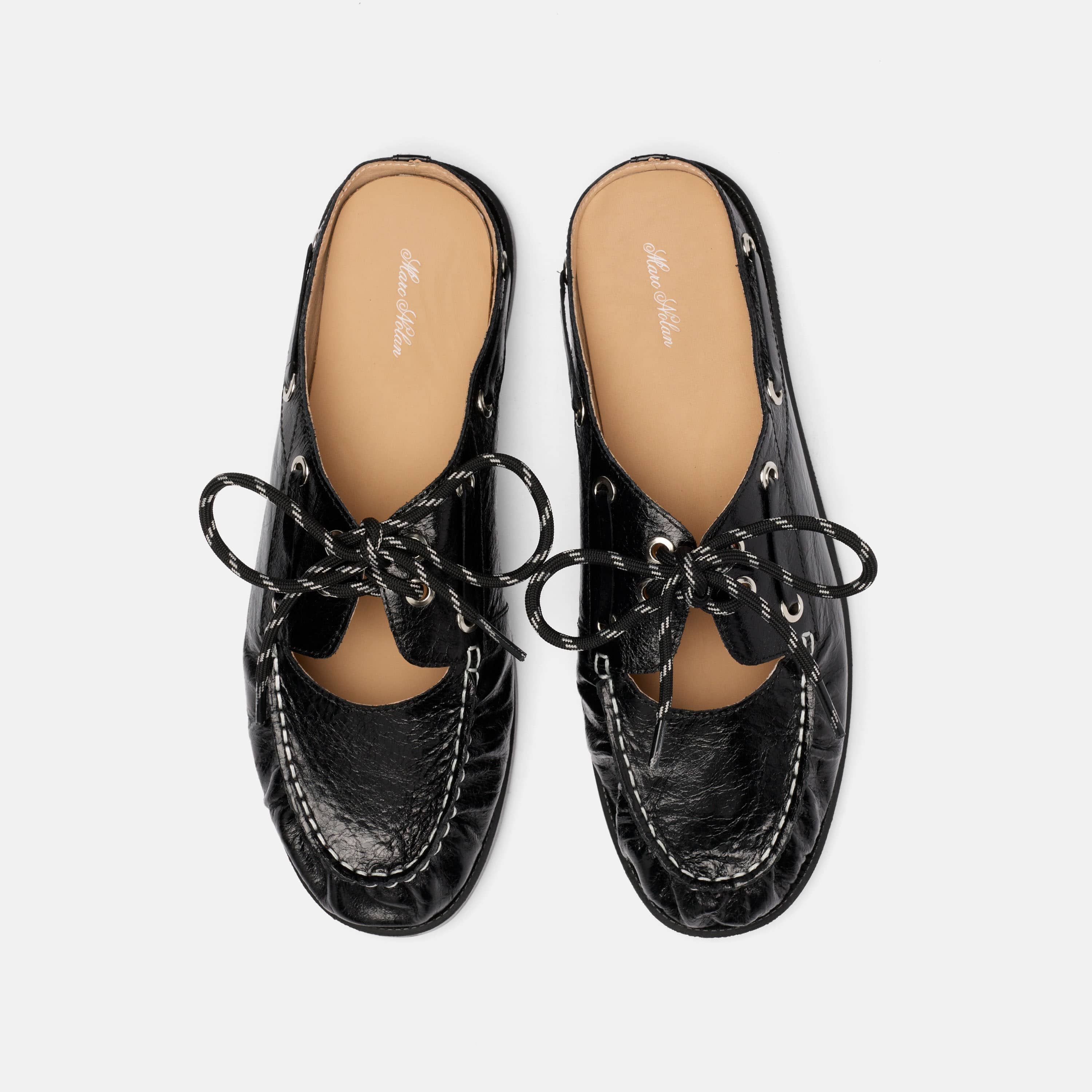 Selene Black Pleated Leather Boat Shoe Mules - Image 5